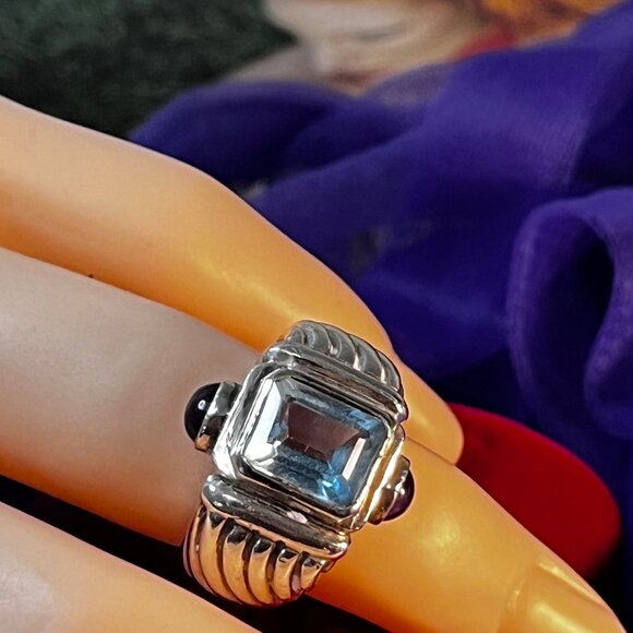 Vintage RING Sky Blue Topaz 4 ct 10mm Emerald Cut Gemstone and Amethyst Cabochon - Picture 7 of 9